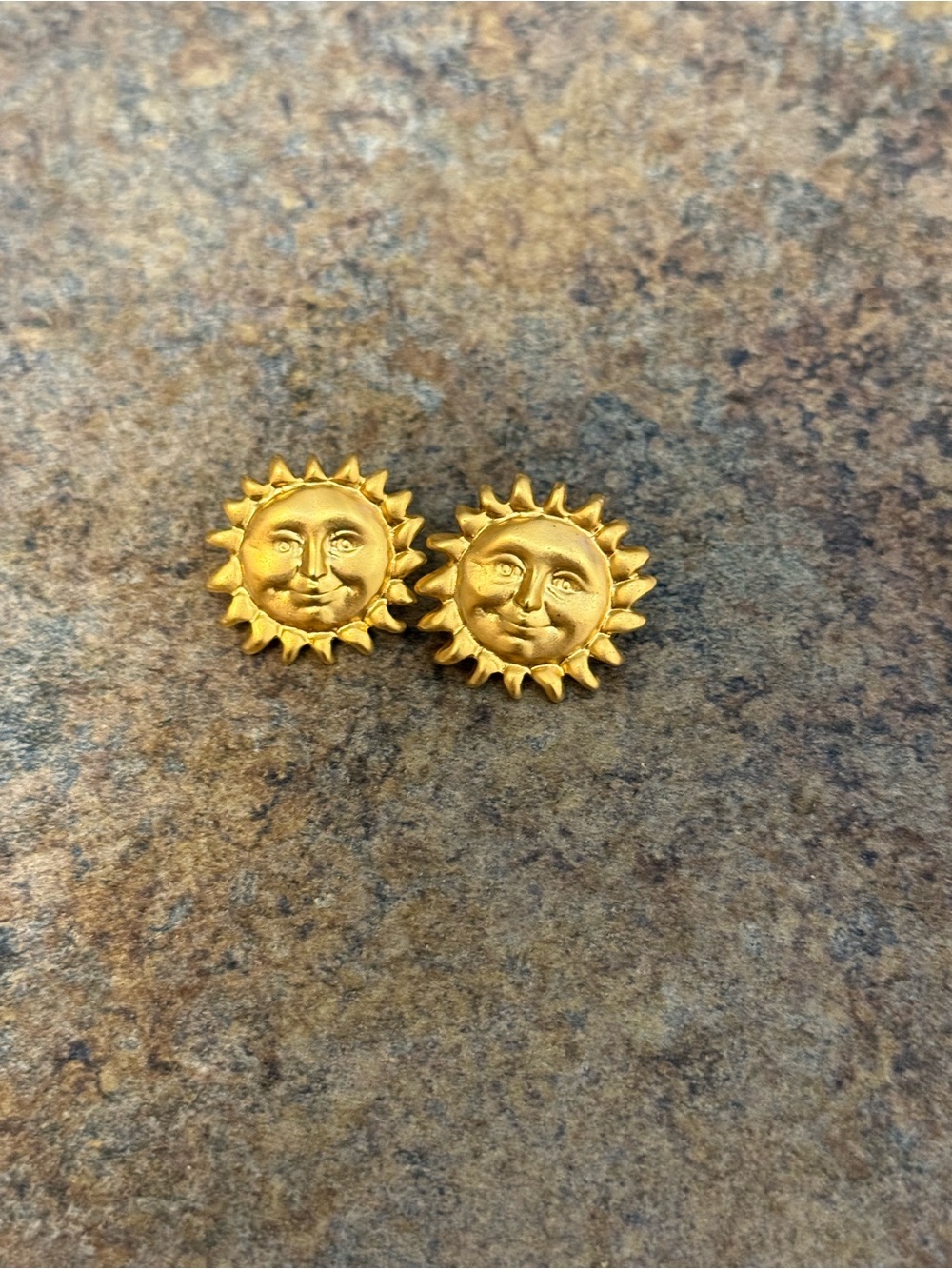 Vintage Celestial Sun Face Matte Gold Tone Stud Earrings